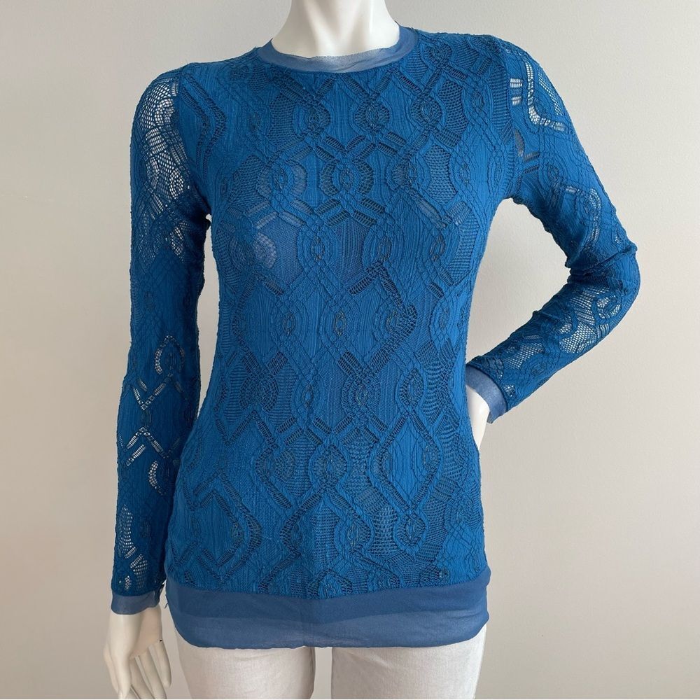 FUZZI Teal Blue Lace Mesh Stretchy Long Sleeve T-Shirt